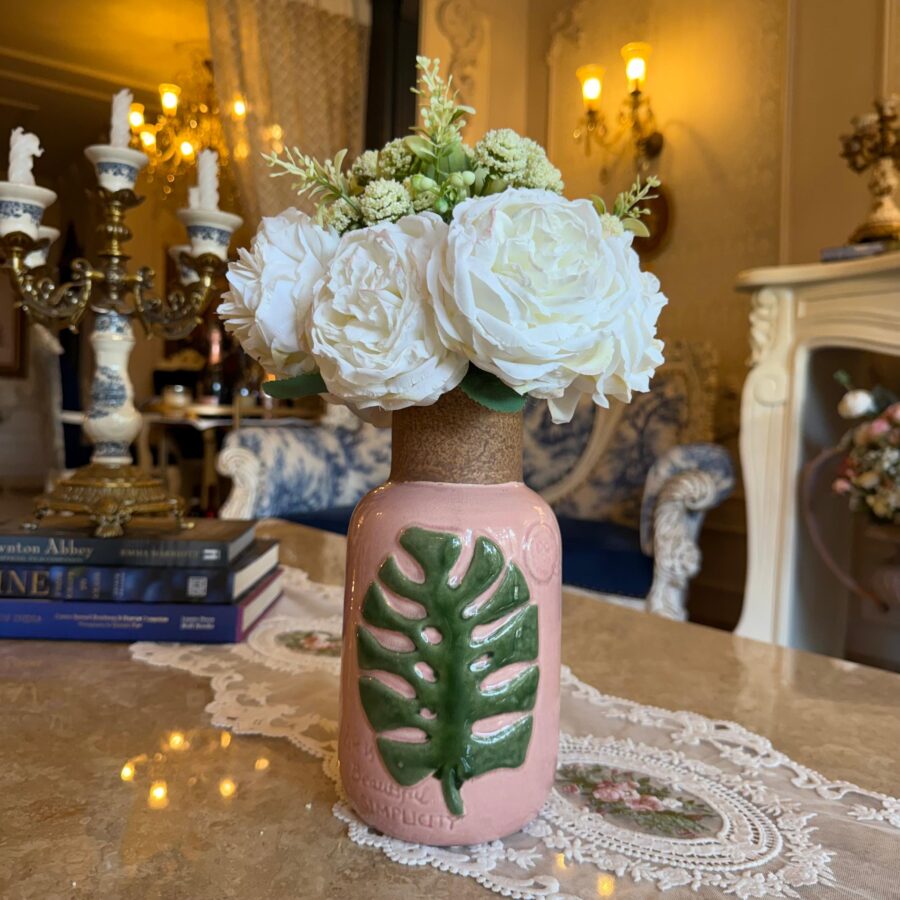 Contemporary Leaf Sculpted Art Vase Pink